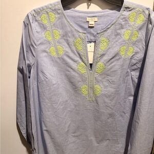 J. Crew Sky Blue Top with Lime Embroidery